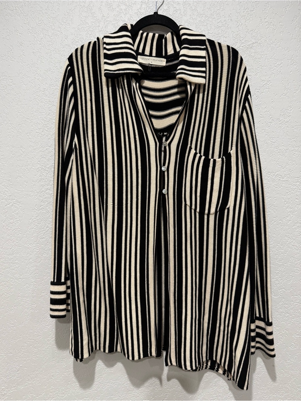 Stitch & Feather - Striped Black & Cream Button-Up Knit Top